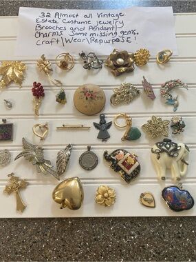Vintage 32- Assorted Women’s Jewelry Lot - Mixed Gold, Ivory, Green, Red Accents